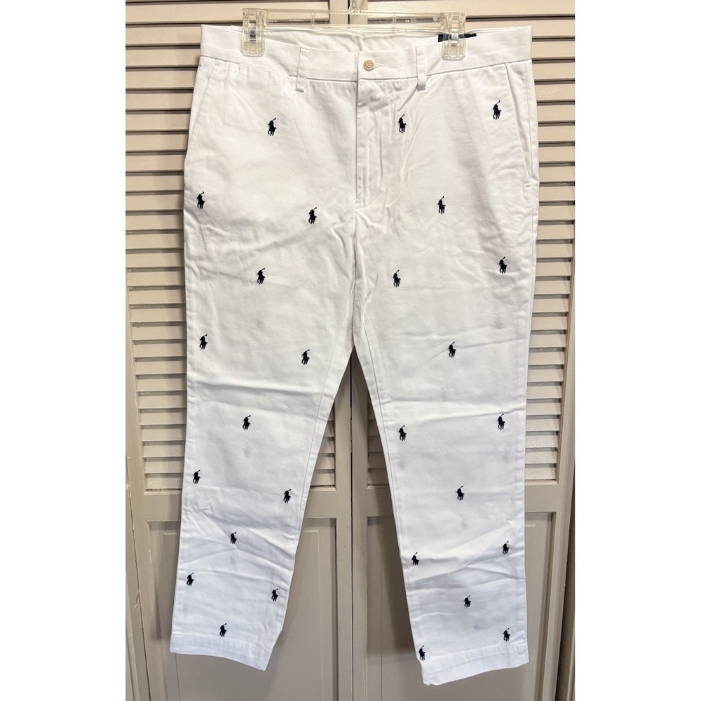 Polo Ralph Lauren White Blue Embroidered Logo Pants Size 34/30 Zip Mid Rise